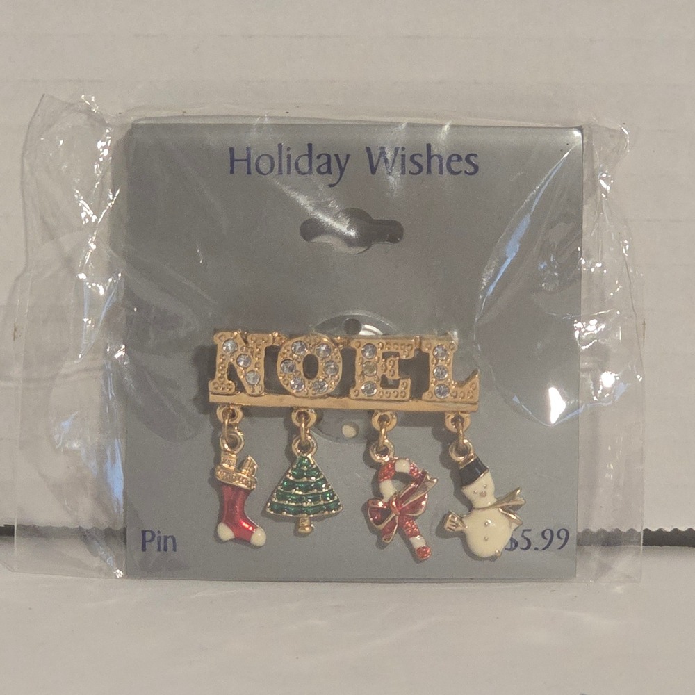 Vintage Holiday Noel Christmas Pin Brooch Gold Tone Rhinestone Charms Kmart NEW